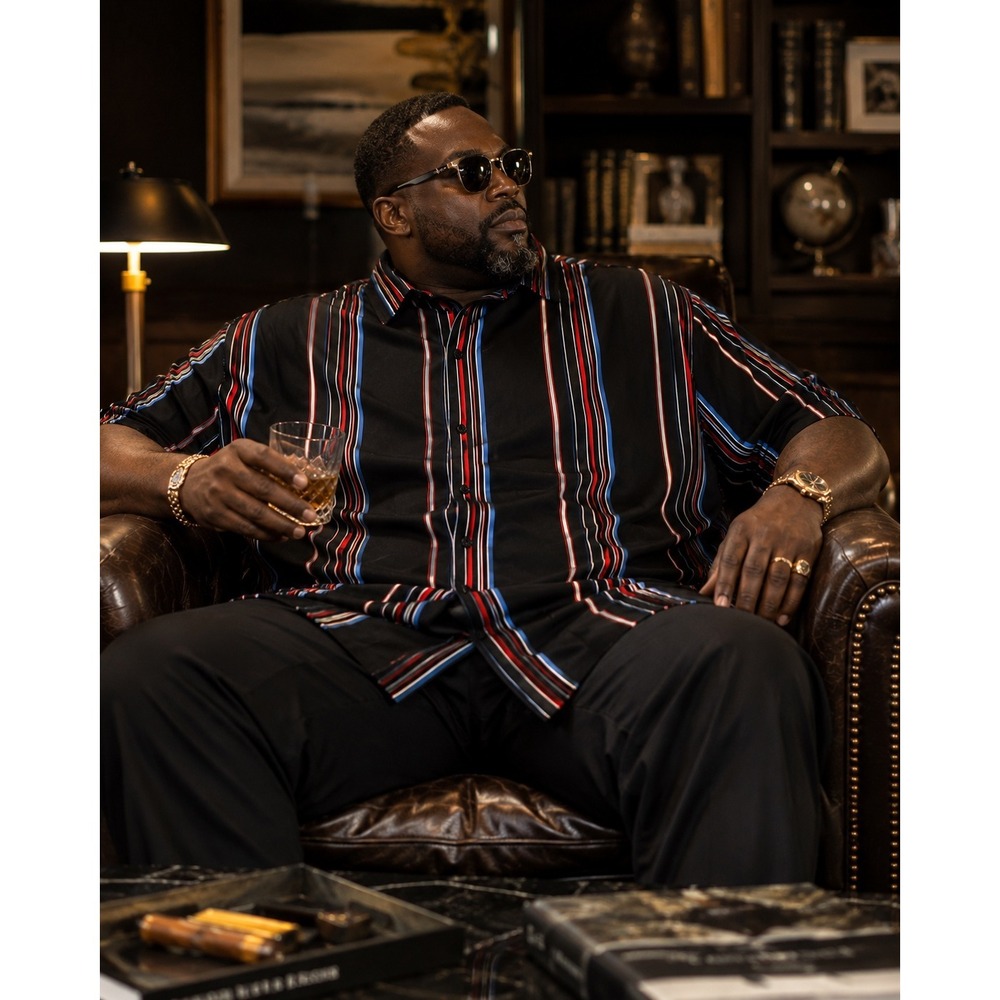 Shaquille O'Neal Collection Men's 4XL Black Stripe Button-Up Shirt Short Sleeve